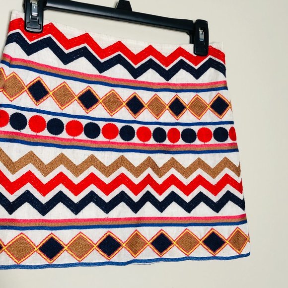 THML | Embroidered Linen Blend Skirt Colorful Patterned Red Blue Gold White - Picture 6 of 7